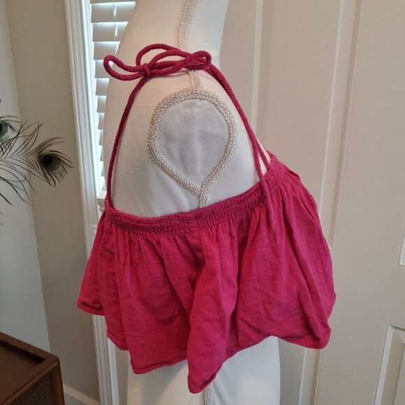 Free People Crop Top Small Magenta Pink Tie Shoulder‎ Woven Cotton Boho Festival - Picture 2 of 7